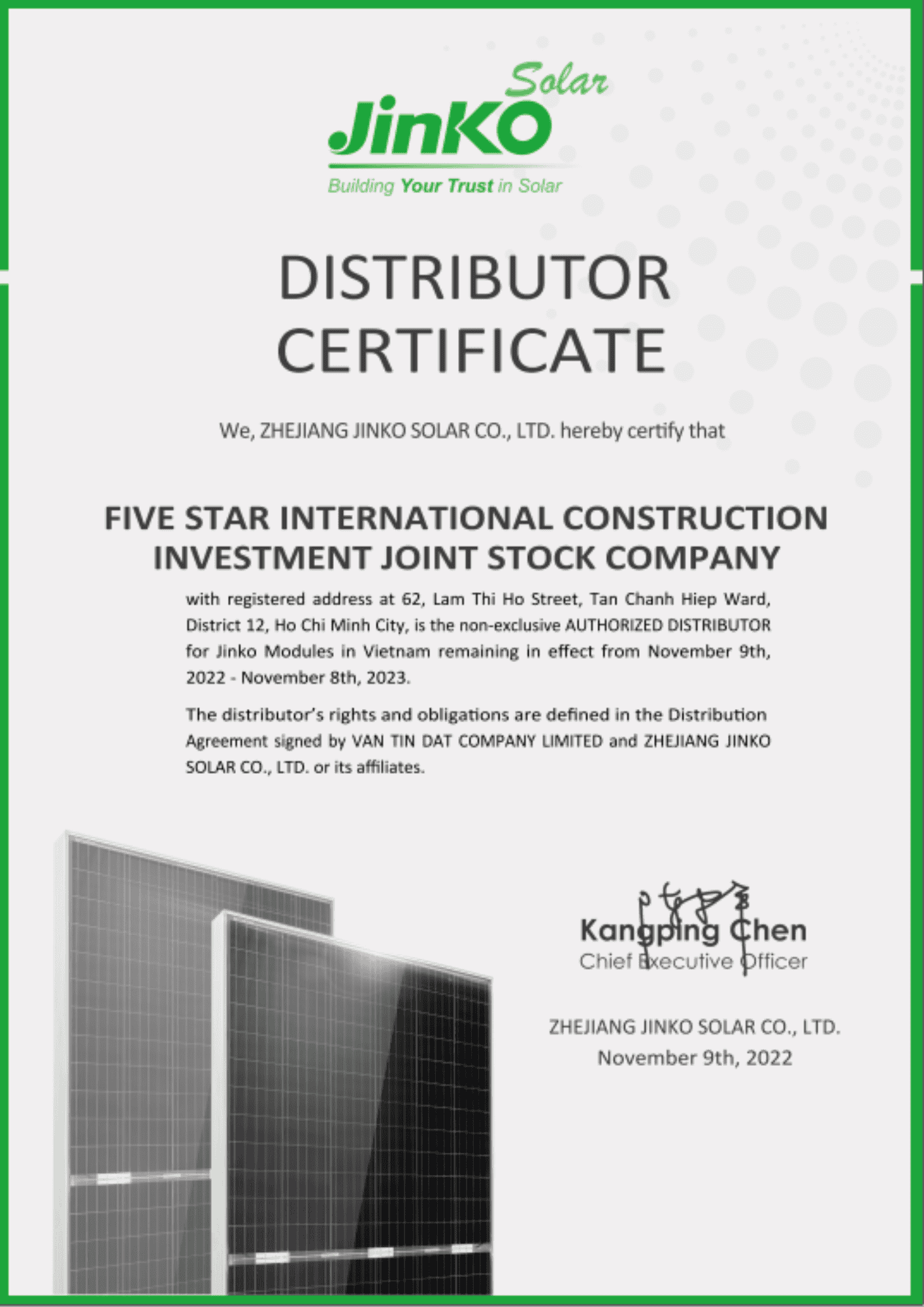 Jinko Solar Distributor Certificate 2022